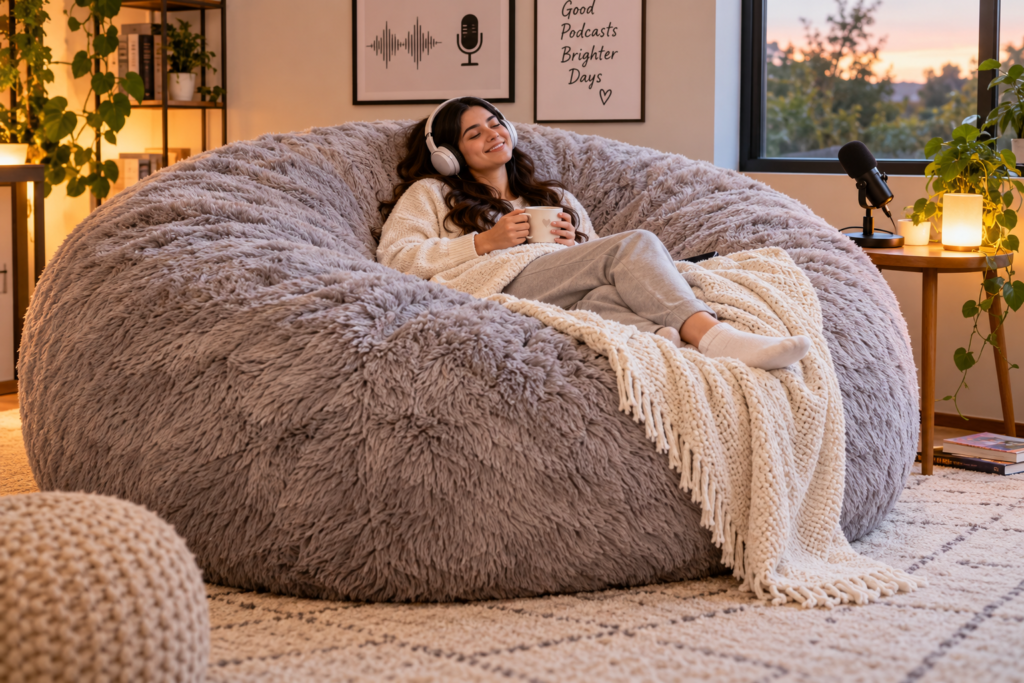 Huge 7-foot giant bean bag in a cozy podcast listening corner