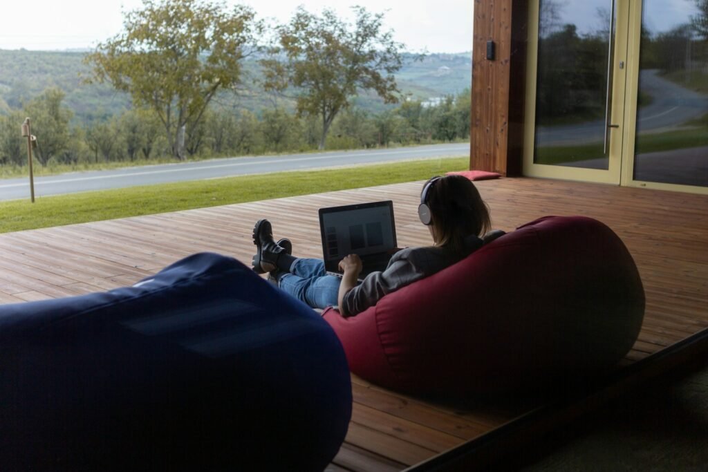 Large bean bag chair used as a comfortable reading and relaxation space