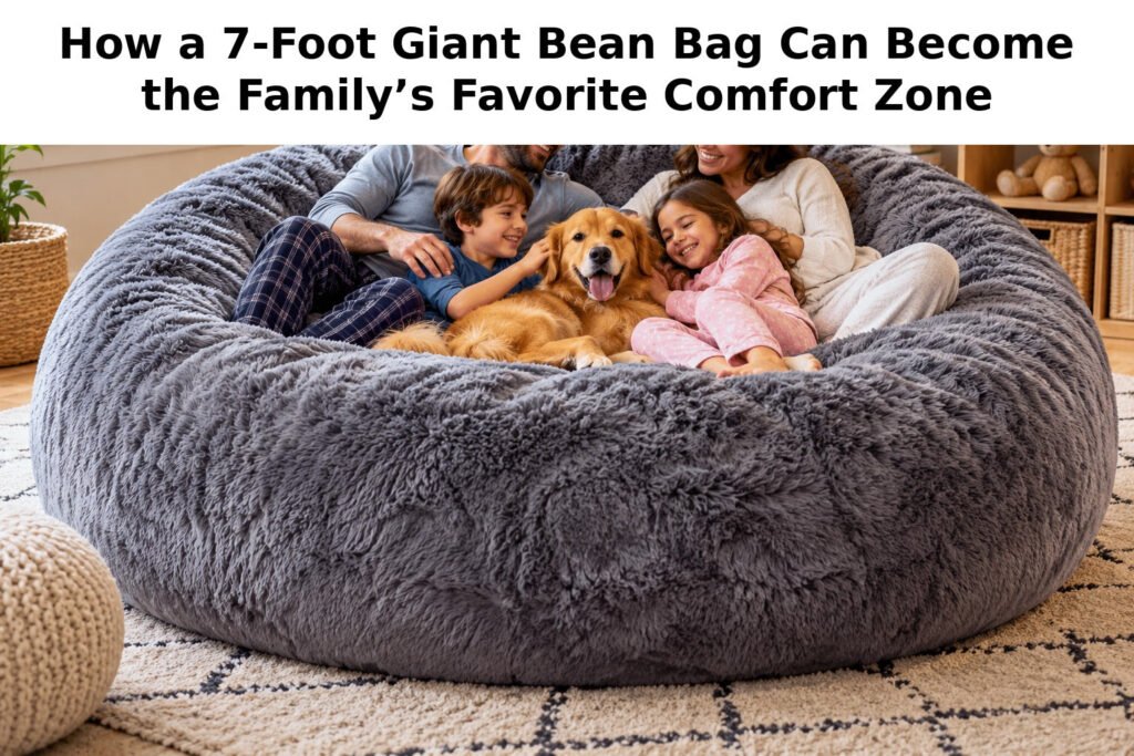 True 7-foot giant round bean bag with parents, children, and a dog relaxing together