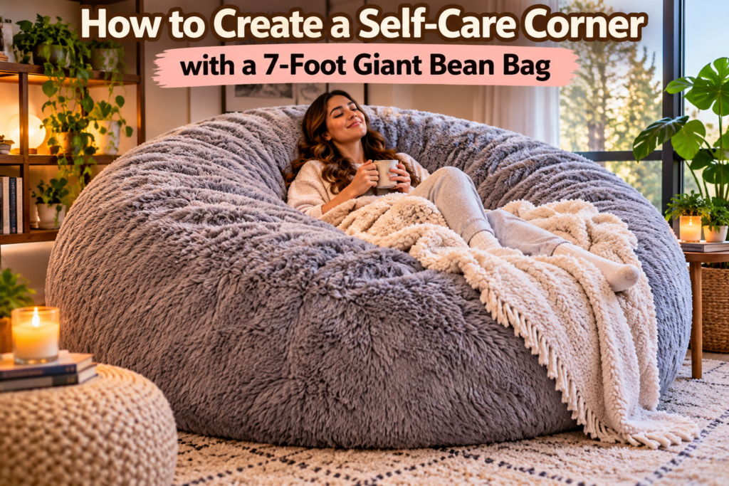True 7-foot giant round bean bag in a cozy self-care corner