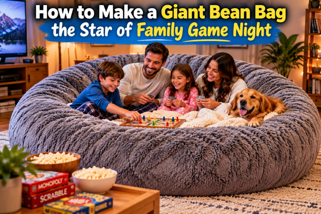 True 7-foot giant round bean bag with a family enjoying game night together