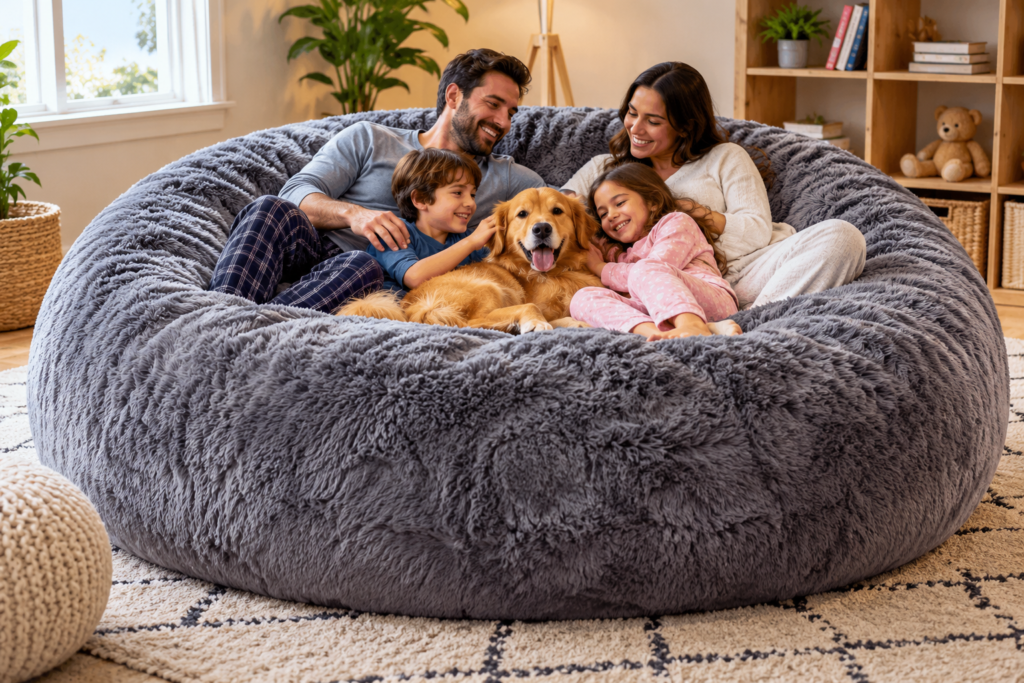 True 7-foot giant round bean bag with a family and dog relaxing together